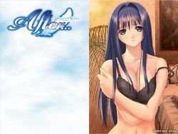 Rule 34 | 00s, 1girl, after (game), after sweet kiss, artist name, bare shoulders, bed, black bra, blue eyes, blue hair, bra, breasts, breasts squeezed together, chihaya miyuki, cleavage, copyright name, crossed arms, dated, english text, floral print, hair censor, hair intakes, hair over breasts, lace, lace-trimmed bra, lace trim, large breasts, lights, lingerie, long hair, looking at viewer, matching hair/eyes, navel, official art, official wallpaper, painting (object), parted lips, pillow, self hug, sidelocks, solo, strap slip, tony taka, underwear, underwear only, upper body, very long hair, wallpaper, wide hips