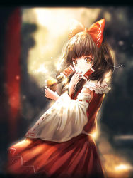 Rule 34 | 1girl, blurry, bow, brown eyes, brown hair, catbell, depth of field, detached sleeves, fingers to mouth, food, from side, hair bow, hair tubes, hakurei reimu, highres, holding, holding food, japanese clothes, long hair, looking at viewer, miko, parted lips, red bow, ribbon-trimmed sleeves, ribbon trim, skirt, skirt set, solo, steam, sweet potato, touhou, wide sleeves