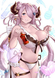 Rule 34 | bad id, bad pixiv id, bikini, blue eyes, bottle, braid, breasts, bug, butterfly, demon horns, draph, granblue fantasy, haido (ryuuno kanzume), hair ornament, hair over one eye, heart, heart-shaped pupils, highres, horns, insect, large breasts, light purple hair, long hair, narmaya (granblue fantasy), narmaya (summer) (granblue fantasy), pointy ears, purple hair, single thighhigh, swimsuit, symbol-shaped pupils, thigh strap, thighhighs, white bikini