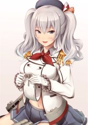 Rule 34 | 10s, 1girl, beret, blush, breasts, buttons, epaulettes, female focus, gloves, grey eyes, hat, highres, ichikawa feesu, jacket, kantai collection, kashima (kancolle), kerchief, large breasts, long hair, looking at viewer, midriff, military, military uniform, miniskirt, navel, open mouth, pleated skirt, silver hair, sitting, skirt, smile, solo, tsurime, twintails, uniform, wavy hair, white gloves