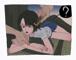 1boy 1girl ? black_eyes black_hair brushing_hair crossed_arms dolphin_shorts grabbing_another&#039;s_chin grey_shirt hand_on_another&#039;s_chin indoors lying_on_lap original shirt short_hair shorts sitting spoken_question_mark unko_man