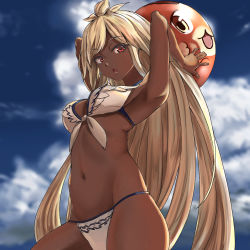 Rule 34 | 10s, 1girl, armpits, arms up, ball, beachball, bikini, blonde hair, breasts, chen bingyou, cleavage, dark-skinned female, dark skin, granblue fantasy, highres, long hair, looking at viewer, medium breasts, navel, open mouth, red eyes, solo, swimsuit, very long hair, vyrn (granblue fantasy), wet, zooey (granblue fantasy), zooey (summer) (granblue fantasy)