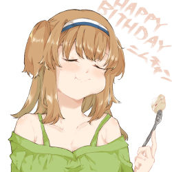 Rule 34 | 1girl, alternate costume, birthday, blush, breasts, cake, cleavage, closed eyes, eating, food, food in mouth, fork, hairband, happy birthday, highres, holding, holding fork, i-26 (kancolle), kantai collection, light brown hair, long hair, medium breasts, rimiera, simple background, smile, solo, two side up, upper body, white background
