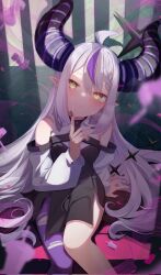 Rule 34 | 1girl, ahoge, bare shoulders, black horns, black nails, braid, braided bangs, demon horns, detached sleeves, grey hair, hair in own mouth, heart, heart-shaped pupils, highres, hololive, horns, la+ darknesss, la+ darknesss (1st costume), long hair, looking at viewer, motoi (croa76), multicolored hair, pantyhose, pointy ears, purple hair, purple pantyhose, single leg pantyhose, sitting, smile, solo, streaked hair, striped horns, symbol-shaped pupils, torn clothes, torn pantyhose, virtual youtuber, yellow eyes