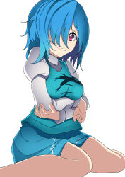 Rule 34 | 1girl, absurdres, arms under breasts, blue hair, blue skirt, blue vest, breasts, closed mouth, commentary request, cross-laced clothes, eesu, highres, juliet sleeves, long sleeves, looking at viewer, medium breasts, medium hair, puffy sleeves, red eyes, simple background, sitting, skirt, smile, solo, tatara kogasa, touhou, vest, wariza, white background