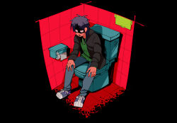 Rule 34 | 1boy, black background, black hair, black jacket, commentary request, facial scar, full body, green shirt, grey footwear, grey pants, inudori, isometric, itou kaiji, jacket, kaiji, long hair, male focus, medium bangs, open clothes, open jacket, open mouth, pants, scar, scar on cheek, scar on face, scar on hand, shaded face, shirt, shoes, sitting, sneakers, solo, toilet, toilet paper, toilet stall