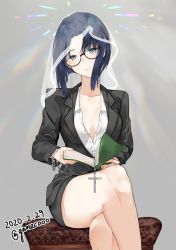 Rule 34 | 1girl, alternate costume, bad id, bad pixiv id, bench, bible (object), black-framed eyewear, blue eyes, blue hair, book, breasts, business suit, buttons, ciel (tsukihime), cleavage, collarbone, cowboy shot, cross, crossed legs, dated, diffraction spikes, double-breasted, formal, glasses, grey background, head tilt, holding, holding book, legs, lips, medium breasts, neko (ganecooo), open book, open clothes, open shirt, paisley, partially unbuttoned, pencil skirt, reading, rosary, semi-rimless eyewear, sidelocks, simple background, sitting, skirt, smile, solo, stool, suit, tsukihime, twitter username, under-rim eyewear, veil