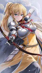 Rule 34 | 1girl, absurdres, aqua eyes, armor, belt, black gloves, blonde hair, bow (weapon), breastplate, breasts, brown belt, closed mouth, cloud, commission, darkness (konosuba), dress, faulds, floating hair, gloves, hair ornament, high ponytail, highres, holding, holding bow (weapon), holding weapon, kono subarashii sekai ni shukufuku wo!, large breasts, lillly, long hair, looking at viewer, neck ribbon, red ribbon, ribbon, shoulder armor, sidelocks, sky, solo, weapon, x hair ornament, yellow dress
