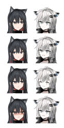 Rule 34 | 2girls, :d, ^ ^, absurdres, animal ear fluff, animal ears, arknights, black choker, black hair, blue eyes, chihuri, choker, closed eyes, closed mouth, empty eyes, eye contact, frown, grey hair, grin, hair between eyes, hair ornament, hairclip, highres, lappland (arknights), long hair, looking at another, multicolored hair, multiple girls, open mouth, parted lips, red hair, scar, scar across eye, scar on face, shaded face, sharp teeth, simple background, smile, teeth, texas (arknights), two-tone hair, white background