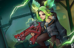 Rule 34 | bandaid, bandaid on face, black jacket, bolt (hardware), brown eyes, brown gloves, brown pants, cyberpunk, electricity, febriang, fingerless gloves, gloves, green hair, gun, highres, holding, holding gun, holding weapon, jacket, league of legends, open clothes, open jacket, pants, parted bangs, tank top, twintails, weapon, yellow tank top, zaun (league of legends), zeri (league of legends)