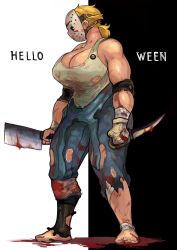 Rule 34 | 1girl, badge, bandages, barefoot, blonde hair, blood, breasts, cleavage, cleaver, halloween, highres, hockey mask, holding, holding knife, holding weapon, hunter rank e, knife, large breasts, mask, muscular, muscular female, overalls, solo, tank top, torn clothes, weapon