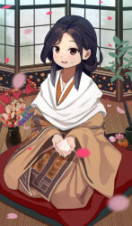 Rule 34 | 1girl, absurdres, akatsuki (m12778387), black hair, brown eyes, cupping hands, divine child of rejuvenation, flower, flower pot, food, food on face, highres, japanese clothes, kimono, long hair, long sleeves, looking at viewer, open mouth, own hands together, petals, pillow, rice, rice on face, screen, seiza, sekiro: shadows die twice, sitting, smile, solo, tatami, wide sleeves