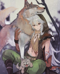 Rule 34 | 1boy, absurdres, animal, antenna hair, bandaged arm, bandages, boots, brown footwear, brown hood, eyelashes, facial scar, genshin impact, gloves, grass, green pants, grey hair, highres, hood, hood up, jewelry, leather, long hair, looking at viewer, necklace, open mouth, orange gloves, pants, razor (genshin impact), red eyes, scar, scar on arm, scar on cheek, scar on face, sitting, tassel, tree, very long hair, wolf