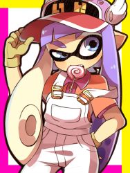 Rule 34 | 1girl, adjusting clothes, adjusting headwear, bad id, bad pixiv id, baseball cap, blunt bangs, candy, collared shirt, cosplay, cowboy shot, dr. slump, food, gloves, hand on own hip, hat, inkling, inkling girl, inkling player character, lollipop, long hair, mouth hold, nintendo, norimaki arale, norimaki arale (cosplay), overalls, pink shirt, pointy ears, purple hair, shirt, solo, splatoon (series), splatoon 1, standing, strap slip, tentacle hair, wahootarou, winged hat