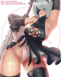 Rule 34 | 1girl, absurdres, alternate costume, arm behind head, armpits, bare shoulders, black blindfold, blindfold, breasts, cameltoe, cleavage, collarbone, covered collarbone, curvy, detached sleeves, elbow gloves, fllamjr, gloves, gluteal fold, hairband, hand on own hip, highres, huge weapon, juliet sleeves, large breasts, leotard, lips, long sleeves, mole, mole under mouth, nier (series), nier:automata, puffy sleeves, short hair, smile, solo, sword, thick thighs, thighhighs, thighs, thong leotard, weapon, white hair, wide hips, 2b (nier:automata)