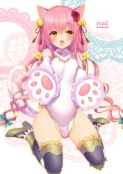 Rule 34 | 1girl, animal ears, animal hands, bad id, bad twitter id, bare hips, bare shoulders, bell, black thighhighs, blonde hair, blush, cat ears, cat tail, china dress, chinese clothes, covered navel, detached sleeves, dress, flower, gloves, hair flower, hair ornament, jingle bell, long hair, looking at viewer, low twintails, multiple tails, paw gloves, phantasy star, phantasy star online 2, pink hair, sacraneco, short dress, simple background, sitting, solo, tail, thighhighs, twintails, very long hair, wariza