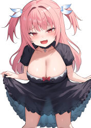 Rule 34 | 1girl, :d, alexmaster, black dress, blush, bow, breasts, collarbone, commentary request, dress, fang, feet out of frame, frilled dress, frills, hair intakes, hair ribbon, highres, large breasts, long hair, looking at viewer, open mouth, original, pink hair, puffy short sleeves, puffy sleeves, red bow, ribbon, short sleeves, simple background, skirt hold, smile, solo, standing, two side up, very long hair, white background, white ribbon