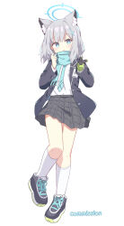 Rule 34 | 1girl, absurdres, animal ear fluff, animal ears, aqua necktie, aqua scarf, black footwear, black jacket, black skirt, blue archive, blue eyes, blue halo, blush, bright pupils, buttoned cuffs, buttons, cross hair ornament, earrings, english text, extra ears, full body, gloves, green gloves, grey hair, hair ornament, halo, highres, id card, jacket, jewelry, kneehighs, long sleeves, necktie, open clothes, open jacket, open mouth, plaid, plaid skirt, pleated skirt, ryoku sui, scarf, shiroko (blue archive), shirt, shirt tucked in, simple background, skirt, socks, solo, standing, two-tone gloves, white background, white pupils, white shirt, white socks, wolf ears