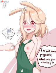 Rule 34 | 1girl, ?, ??, animal ears, apron, artist logo, barista, blonde hair, blush, braid, breasts, commentary, cowboy shot, curled fingers, english commentary, failure, flower, french braid, green apron, hair between eyes, hair flower, hair ornament, hands up, highres, iced latte with breast milk (meme), lewdlux, looking at another, meme, naked apron, nipple stimulation, nipple tweak, nose blush, open mouth, original, patreon username, rabbit ears, rabbit girl, rabbit tail, red eyes, simple background, small breasts, speech bubble, standing, tail, tears, teeth, two-tone background, upper teeth only