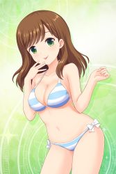 Rule 34 | 1girl, absurdres, alternative girls, bare arms, bare shoulders, bikini, blue bikini, breasts, brown hair, cleavage, closed mouth, green background, green eyes, hand on own face, highres, hirose koharu, long hair, looking at viewer, medium breasts, official art, smile, solo, standing, swimsuit, tongue, tongue out, white bikini