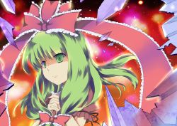 Rule 34 | 1girl, bow, dress, female focus, frills, front ponytail, gradient background, green eyes, green hair, hair bow, hair ribbon, kagiyama hina, matching hair/eyes, momo (reima0408), own hands clasped, own hands together, ribbon, shatter, shattered, solo, touhou