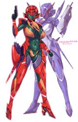 Rule 34 | 1girl, armor, bodysuit, breasts, covered erect nipples, covered navel, full body, gun, helmet, highres, huge breasts, original, power armor, power suit, red headwear, skin tight, solo, vuccha, weapon