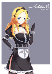 Rule 34 | 1girl, 2018, absurdres, belt buckle, belt collar, black dress, black gloves, black thighhighs, blonde hair, blue eyes, breasts, buckle, character name, cleavage, closed mouth, collar, collarbone, cowboy shot, dated, dress, drill hair, elbow gloves, eyelashes, frilled dress, frills, furrowed brow, gloves, hand on own hip, hand up, highres, large breasts, legs apart, maid, maid headdress, outline, overlord (maruyama), poinia, puffy sleeves, side slit, smile, solo, solution epsilon, standing, thighhighs, white outline, wrist cuffs, zettai ryouiki