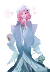 Rule 34 | 1girl, bare shoulders, bone, female focus, own hands clasped, hat, heart, interlocked fingers, japanese clothes, kimono, obi, own hands together, pink eyes, pink hair, pinkmochichi, saigyouji yuyuko, sash, short hair, skull, smile, solo, source request, touhou, white background, wide sleeves