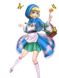 Rule 34 | 1girl, adapted costume, alcohol, alternate color, alternate costume, apron, basket, blonde hair, blue eyes, bug, bulleta, butterfly, capcom, capelet, company connection, dress, flower, green skirt, highres, hood, insect, kneehighs, mado*pen, official art, onimusha soul, sandals, simple background, skirt, socks, solo, vampire (game), white background, wine