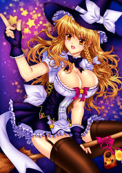 Rule 34 | 1girl, adapted costume, alternate costume, blonde hair, blush, bow, braid, breasts, broom, brown thighhighs, cleavage, corset, female focus, fingerless gloves, garter straps, gloves, hat, hat bow, john r, kirisame marisa, large breasts, long hair, open mouth, radio, single braid, skirt, smile, solo, star (symbol), thighhighs, touhou, witch, witch hat, yellow eyes