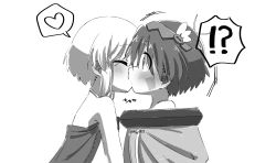 Rule 34 | !, 1boy, 1girl, ?, bare shoulders, blush, closed eyes, commentary, commentary request, dark-skinned male, dark skin, french kiss, fuji (huj0427), graphite (medium), hairband, heart, hetero, highres, kiss, made in abyss, pointy ears, regu (made in abyss), riko (made in abyss), sketch, speech bubble, spoken exclamation mark, spoken heart, spoken question mark, surprise kiss, surprised, traditional media, unusually open eyes