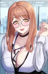 Rule 34 | 1girl, absurdres, ayuyaki, between breasts, blush, breasts, brown hair, cleavage, collared shirt, dress shirt, emma (nikke), emma (office therapy) (nikke), glasses, goddess of victory: nikke, highres, id card, large breasts, long hair, looking at viewer, office lady, open mouth, shirt, solo, teeth, upper body, upper teeth only, white shirt, yellow eyes