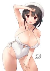 Rule 34 | 1girl, black hair, breasts, casual one-piece swimsuit, choker, cosplay, cowboy shot, criss-cross halter, dated, frilled one-piece swimsuit, frills, halterneck, highleg, highleg swimsuit, highres, kantai collection, large breasts, o-ring, o-ring swimsuit, one-piece swimsuit, open mouth, owa (ishtail), red eyes, sagiri (kancolle), sagiri (kancolle) (cosplay), short hair, side-tie swimsuit, smile, solo, swimsuit, takao (kancolle), twitter username, white choker, white one-piece swimsuit