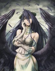 Rule 34 | 1girl, ahoge, albedo (overlord), bare shoulders, black hair, breasts, cleavage, cloud, cloudy sky, dress, feathered wings, feathers, gloves, hand on own cheek, hand on own face, highres, hip vent, horns, light smile, lipstick, long hair, looking at viewer, makeup, outdoors, overlord (maruyama), parted lips, programman, sky, solo, thighs, wings