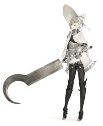 Rule 34 | 1girl, absurdres, armor, armored boots, boots, breastplate, cape, dual wielding, full body, gauntlets, grey hair, grey pantyhose, hat, high heel boots, high heels, highres, holding, holding sword, holding weapon, huge weapon, km yama, looking at viewer, original, pantyhose, parted lips, sidelocks, simple background, solo, sword, thigh boots, weapon, white background, white cape, white hat, yellow eyes