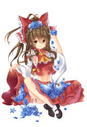 Rule 34 | 1girl, bad id, bad pixiv id, black footwear, blue flower, blush, bow, breasts, brown hair, detached sleeves, flower, frilled bow, frills, full body, hair between eyes, hair bow, hair flower, hair ornament, hakurei reimu, holding, holding flower, indian style, long hair, long sleeves, looking at viewer, mary janes, medium skirt, navel, parted lips, red bow, red ribbon, red shirt, red skirt, ribbon, ribbon-trimmed sleeves, ribbon trim, sarashi, shirt, shirt hold, shoes, sideboob, simple background, sitting, skirt, sleeveless, sleeveless shirt, small breasts, socks, solo, sonabi (misty alice), stomach, touhou, white background, white sleeves, white socks, yellow neckwear