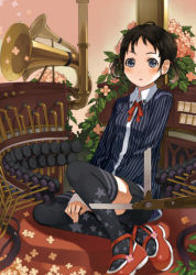Rule 34 | 1girl, amamiya chiharu, bad id, bad pixiv id, black hair, black thighhighs, blue eyes, blush, flower, instrument, looking at viewer, mary janes, original, patterned legwear, pleated skirt, print thighhighs, red footwear, ribbon, shoes, short hair, short twintails, sitting, skirt, solo, star (symbol), star print, thighhighs, twintails, zettai ryouiki