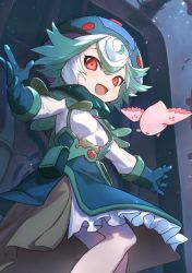 Rule 34 | 1girl, :d, absurdres, breasts, dress, gloves, green dress, green hair, hat, highres, made in abyss, maromayu, meinya (made in abyss), multicolored hair, open mouth, pouch, prushka, red eyes, short hair, smile, white hair