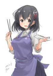 Rule 34 | 1girl, apron, artist name, black hair, black skirt, brown eyes, chopsticks, cowboy shot, dated, dress shirt, fyuo, haguro (kancolle), hair ornament, highres, kantai collection, long sleeves, looking at viewer, plate, pleated skirt, purple apron, shirt, short hair, simple background, skirt, sleeves rolled up, smile, solo, white background, white shirt