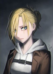 Rule 34 | 1girl, absurdres, annie leonhart, bad id, bad pixiv id, blonde hair, blue eyes, brown jacket, closed mouth, eyes visible through hair, hair between eyes, highres, hood, hood down, hooded sweater, ikasamahideo, jacket, looking at viewer, open clothes, open jacket, paradis military uniform, portrait, shingeki no kyojin, short hair, solo, sweater, upper body, white sweater