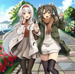 Rule 34 | 2girls, absurdres, belt, belt buckle, black legwear, blush, brown eyes, brown scarf, buckle, feet out of frame, fringe trim, fur-trimmed jacket, fur trim, green eyes, green hair, green jacket, grey skirt, hair between eyes, hair ribbon, headband, highres, index finger raised, jacket, kantai collection, long hair, long sleeves, multiple girls, official alternate costume, open clothes, open jacket, open mouth, pantyhose, pleated skirt, red headband, ribbed sweater, ribbon, scarf, shoukaku (kancolle), skirt, smile, sweater, thighhighs, twintails, very long hair, white hair, white jacket, white ribbon, white sweater, yunamaro, zuikaku (kancolle)