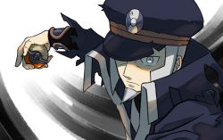 Rule 34 | 1boy, black coat, black hat, closed mouth, coat, commentary request, creatures (company), game freak, grey eyes, grey hair, hat, high collar, highres, holding, holding poke ball, ingo (pokemon), long sideburns, male focus, nintendo, outstretched arm, oyu no mizuwari, peaked cap, poke ball, poke ball (legends), pokemon, pokemon legends: arceus, short hair, sideburns, solo, trench coat, upper body