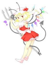Rule 34 | 1girl, :d, antennae, back bow, back cutout, blonde hair, bobby socks, bow, clothing cutout, demon tail, flandre scarlet, full body, grey tail, hat, hat ribbon, heart, highres, kneepits, laevatein (touhou), long hair, miniskirt, mob cap, nonamejd, official style, open mouth, polearm, puffy short sleeves, puffy sleeves, red eyes, red ribbon, red skirt, red vest, ribbon, shirt, short sleeves, side ponytail, simple background, skirt, skirt set, smile, socks, solo, tail, tail raised, touhou, trident, vest, weapon, white background, white bow, white hat, white shirt, white socks, wings, zun (style)