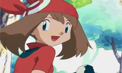 Rule 34 | akanbe, animated, animated gif, blue eyes, brown hair, creatures (company), eyelid pull, game freak, gloves, lowres, may (pokemon), nintendo, pokemon, pokemon (anime), running, smile, tongue, tongue out