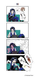 Rule 34 | 2girls, 4koma, black gloves, black hair, black suit, blowtorch, blue eyes, blue necktie, blue vest, braid, breasts, brown hair, chainsaw, comic, commentary, computer, couch, explosion, formal, gloves, hammer, highres, holding, holding tablet pc, hololive, hololive english, jacket, japanese clothes, kimono, laptop, large breasts, multiple girls, nanashi mumei, nanashi mumei (new year), necktie, ouro kronii, power tool, short hair, silent comic, sitting, spatula, suit, suit jacket, symbol-only commentary, tablet pc, taka t, twitter username, vest, virtual youtuber, white kimono, wok