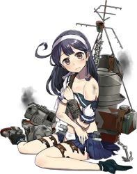 Rule 34 | 10s, 1girl, ahoge, animal print, black hair, blue ribbon, blue skirt, breasts, brown eyes, covering privates, covering breasts, damaged, drew (drew213g), full body, hairband, kantai collection, long hair, lowres, machinery, official art, panties, print panties, rabbit, rabbit panties, rabbit print, ribbon, school uniform, serafuku, skirt, small breasts, solo, tears, torn clothes, transparent background, turret, underwear, ushio (kancolle), ushio kai ni (kancolle), white panties