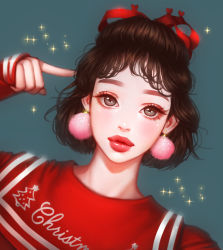 Rule 34 | 1girl, arm up, black eyes, black hair, christmas, closed mouth, commentary request, earrings, heart, highres, jewelry, lips, looking at viewer, original, pointing, pointing at self, pom pom (clothes), pom pom earrings, portrait, red lips, red ribbon, red shirt, rena illusion, ribbon, shirt, short hair, sleeves past wrists, solo, sparkle, upper body