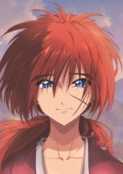 Rule 34 | 1boy, absurdres, blue eyes, closed mouth, collarbone, crossed arms, dusk, facial scar, hair between eyes, highres, himura kenshin, japanese clothes, kimono, long hair, looking at viewer, low ponytail, male focus, outdoors, portrait, red hair, red kimono, red light district, rurouni kenshin, scar, scar on cheek, scar on face, smile, solo