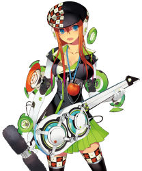 Rule 34 | 1girl, 2no, apple, apple inc., bad id, bad pixiv id, blue eyes, food, food as clothes, food-themed clothes, fruit, guitar, hat, headphones, instrument, long hair, ninomoto, orange hair, original, personification, product girl, skirt, solo, thighhighs