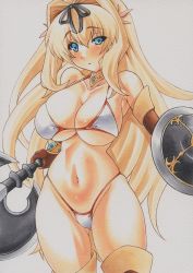 Rule 34 | 1girl, axe, bikini, blonde hair, blue eyes, boots, breasts, cleavage, curvy, gloves, knee boots, kusugawa sasara, large breasts, long hair, ribbon, shield, simple background, solo, swimsuit, thighhighs, to heart (series), to heart 2, to heart 2 dungeon travelers, traditional media, uneven eyes, very long hair, weapon, white background, white bikini, yutakasan-love